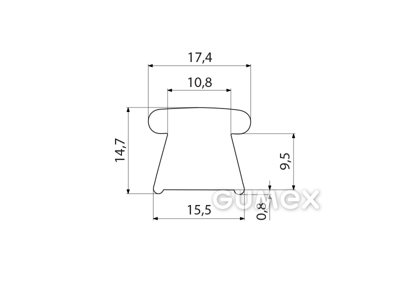 Silikonový profil tvaru "T", 14,7x17,4/15,5mm, 70°ShA, -60°C/+180°C, bílý